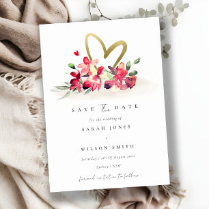 Red Gold Orchid Heart Floral Save The Date Card