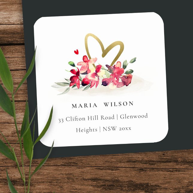 Red Gold Orchid Heart Floral Watercolor Address Square Sticker (Creator Uploaded)
