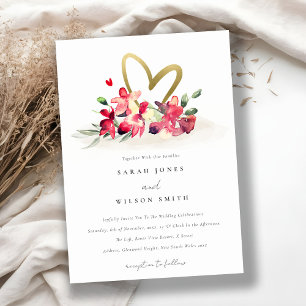 Red Gold Orchid Heart Floral Watercolor Wedding Invitation