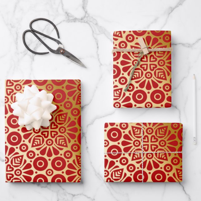 Red gold oriental pattern elegant wrapping paper sheet (Front)