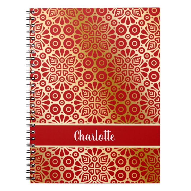 Red gold oriental pattern script monogram notebook (Front)