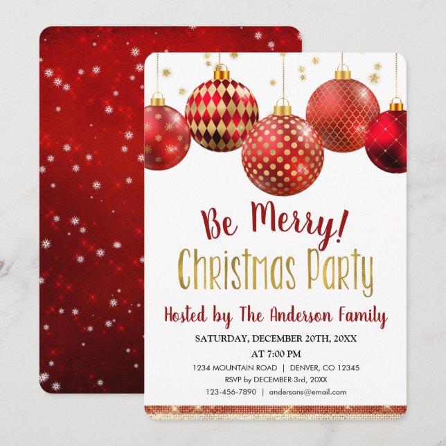 Red & Gold Ornament Christmas Holiday Dinner Party Invitation (Front/Back)