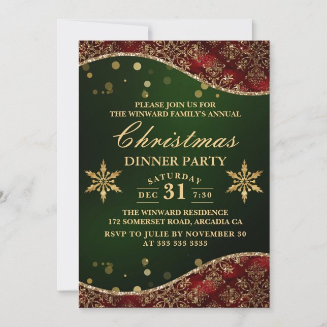 Red & Gold Ornate Velvet Waves Christmas Dinner Invitation (Front)