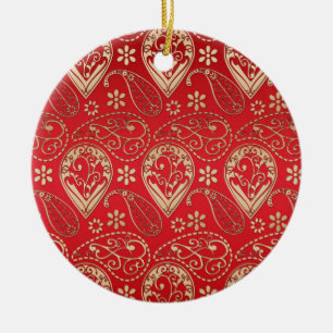 Red Gold Paisley Bandanna Pattern Ceramic Tree Decoration