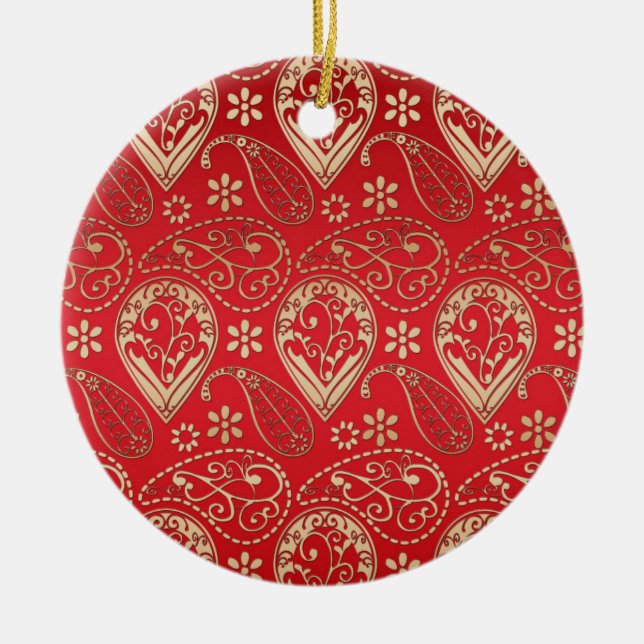 Red Gold Paisley Bandanna Pattern Ceramic Tree Decoration (Front)