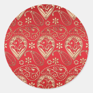 Red Gold Paisley Bandanna Pattern Classic Round Sticker