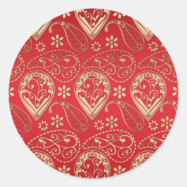 Red Gold Paisley Bandanna Pattern Classic Round Sticker (Front)