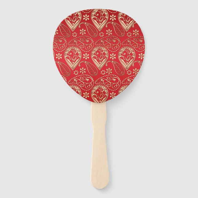 Red Gold Paisley Bandanna Pattern Hand Fan (Front)