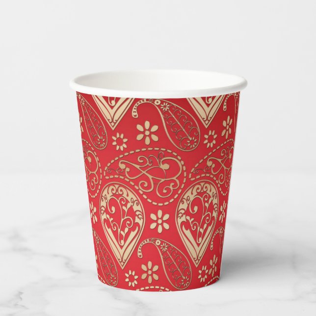 Red Gold Paisley Bandanna Pattern Paper Cups (Back)