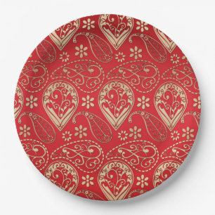 Red Gold Paisley Bandanna Pattern Paper Plate