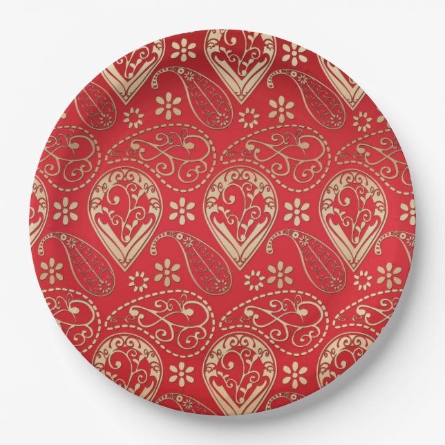Red Gold Paisley Bandanna Pattern Paper Plate (Front)
