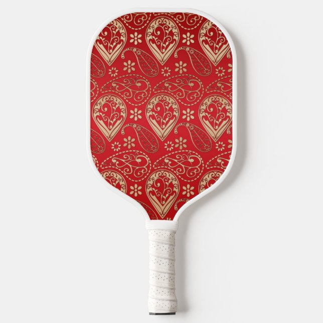 Red Gold Paisley Bandanna Pattern Pickleball Paddle (Front)