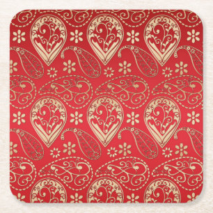 Red Gold Paisley Bandanna Pattern Square Paper Coaster