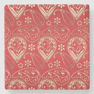 Red Gold Paisley Bandanna Pattern Stone Coaster