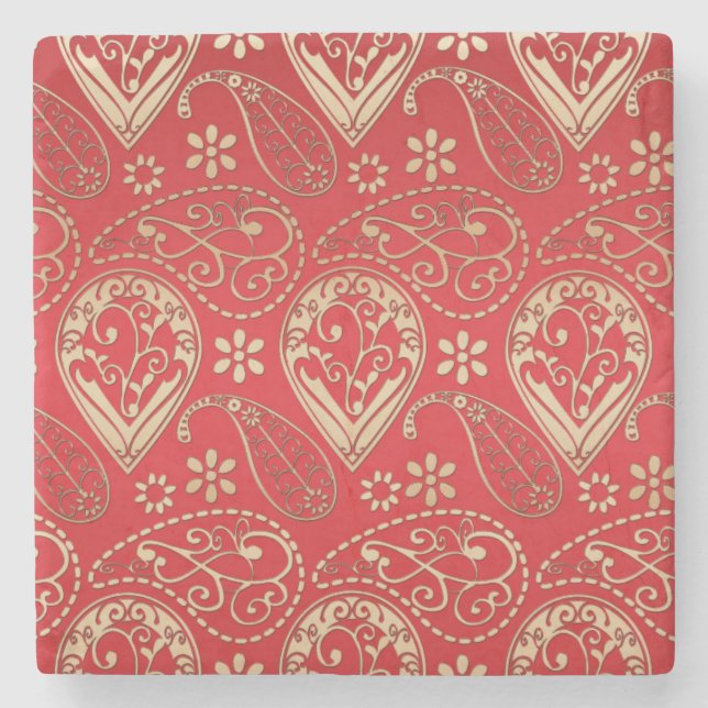 Red Gold Paisley Bandanna Pattern Stone Coaster (Front)