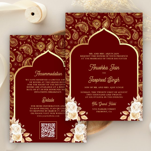 Red Gold Paisley Floral QR Code Indian Wedding Invitation (Creator Uploaded)