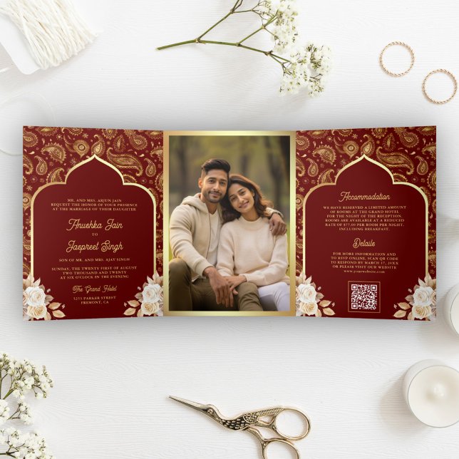 Red Gold Paisley Floral QR Code Indian Wedding Tri-Fold Invitation (Creator Uploaded)