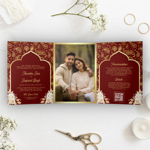 Red Gold Paisley Floral QR Code Indian Wedding Tri-Fold Invitation