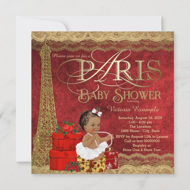 Red Gold Paris Ethnic Girl Baby Shower Invitation (Front)