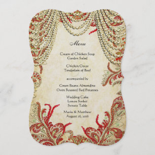 Red Gold Pastel Green Vintage Paisley Wedding Menu