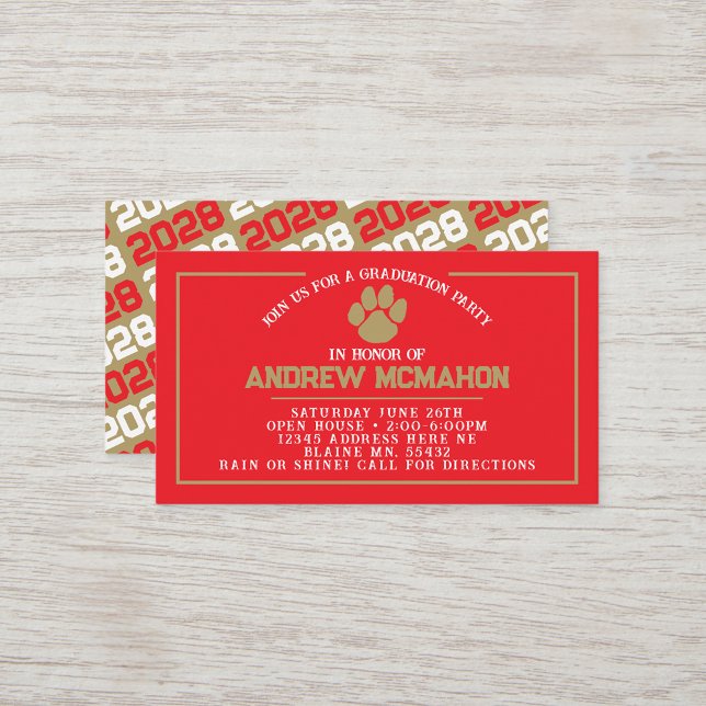 Red & Gold Pawprint Mini Graduation Invites (Red and Gold Paw Mini Graduation Invites for Friends, Team Mates or as Inserts)
