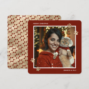 Red Gold Paws Cat Owner Photo Meowy Christmas Holiday Card
