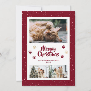 Red Gold Paws Snow 3 Photo Meowy Christmas Card
