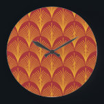 Red Gold Peacock: Art Deco. Large Clock<br><div class="desc">Seamless red and gold vintage art deco peacock fish scale wallpaper pattern Vintage Peacock Glamour Resides in Vintage Art Deco Delight. Vintage art deco peacock scales in rich red and gold. pattern, background, abstract, texture, decor, vintage, illustration, retro, line, seamless, geometric, fabric, ornament, old, modern, beautiful, shape, textile, decoration, decorative...</div>