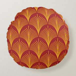 Red Gold Peacock: Art Deco. Round Cushion