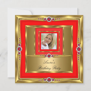 Red Gold Pearl Photo Birthday Party Invitation