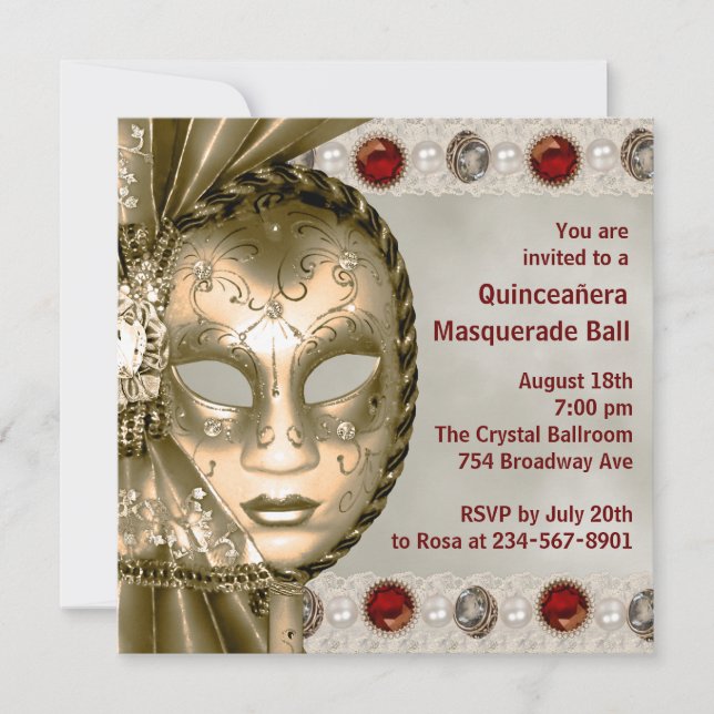 Red Gold Pearl Red Gold Masquerade Party Invitation (Front)