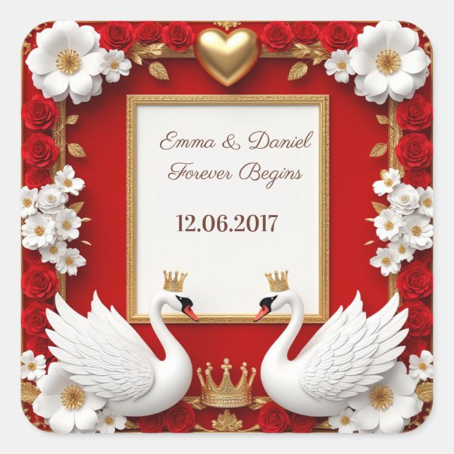 🦢 Red Gold Pearl Swan Wedding ✨ Square Sticker (Front)