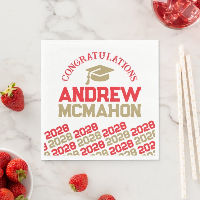 Red & Gold Personalised Graduation Party Paper Napkin (Insitu)