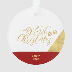 Red & Gold Pet Dog First Christmas Photo Ornament