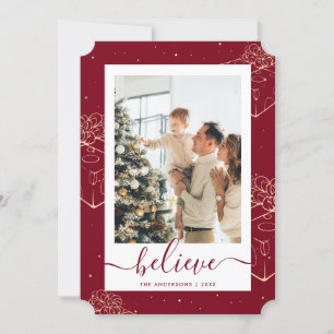 Red Gold Photo Believe Christmas Holiday Card