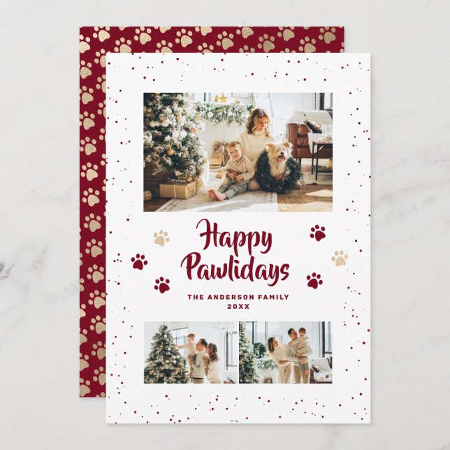 Red Gold Photo Happy Pawlidays Card (Front/Back)
