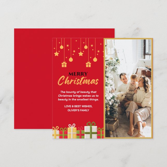 Red Gold Photo Personal Family Christmas Holiday Card (Front/Back)