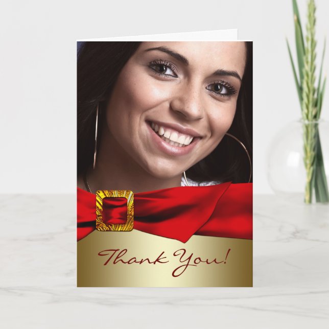 Red Gold Photo Quinceanera Thank You Cards (Front)