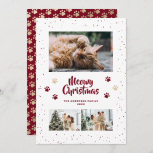 Red Gold Photo Snow Paws Meowy Christmas Card