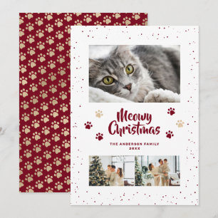 Red Gold Photo Snow Paws Meowy Christmas Card