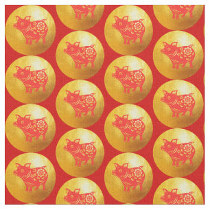 Red Gold Pig Papercut Chinese New Year 2019 Fabric