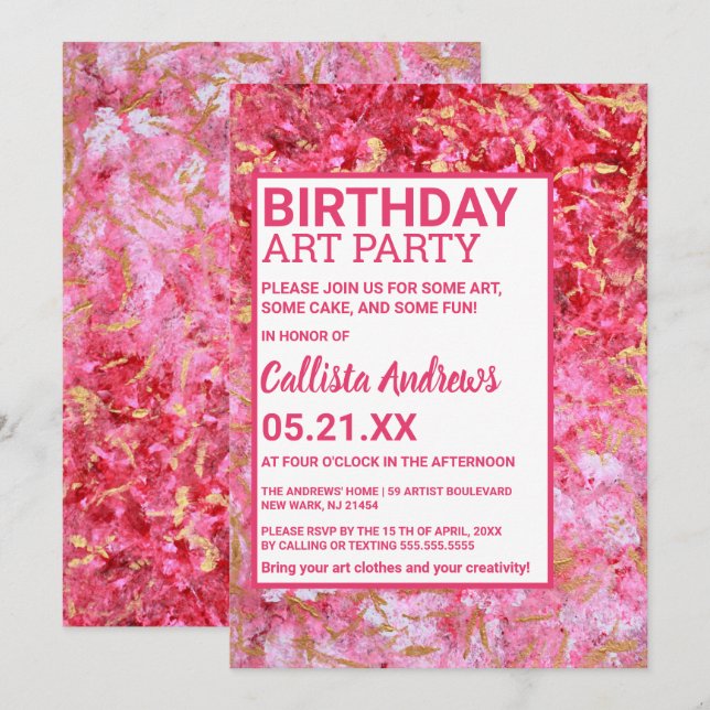 Red Gold Pink Acrylic Paint Art Party Birthday Invitation (Front/Back)