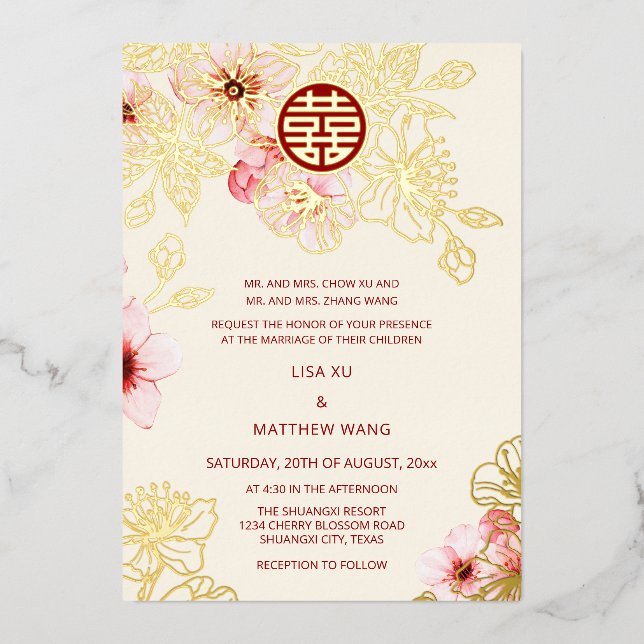 Red Gold  Pink Cherry Blossom Chinese Wedding (Front)