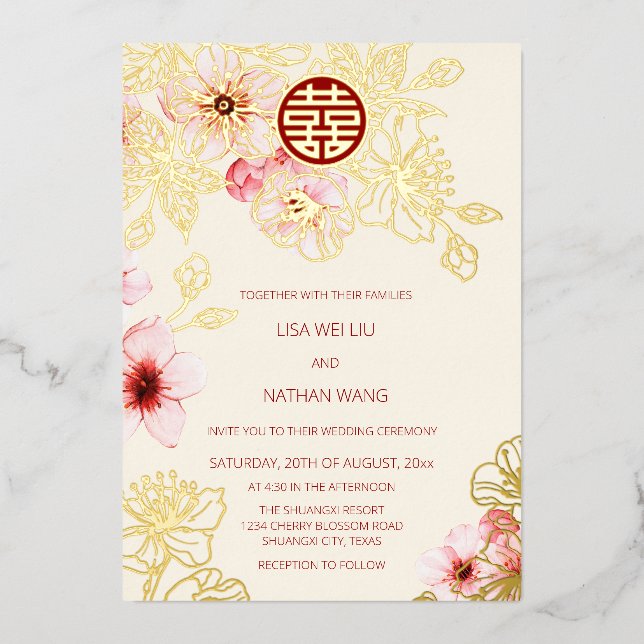 Red Gold  Pink Cherry Blossom Chinese Wedding (Front)