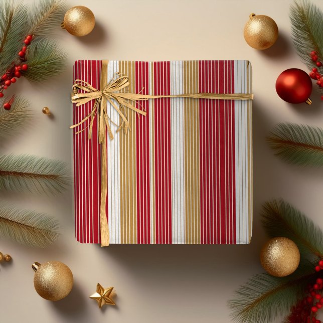Red Gold Pinstripe Christmas Pattern#28 ID1009 Wrapping Paper (Creator Uploaded)