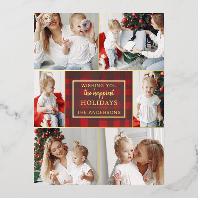 Red Gold Plaid 6 Photos Collage Christmas Foil Holiday Postcard (Front)