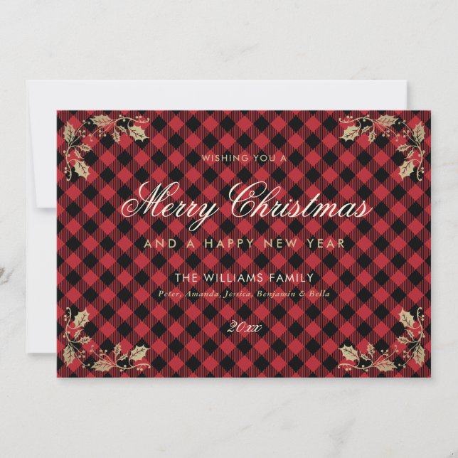 Red Gold Plaid Christmas Happy New Year Cards (Front)