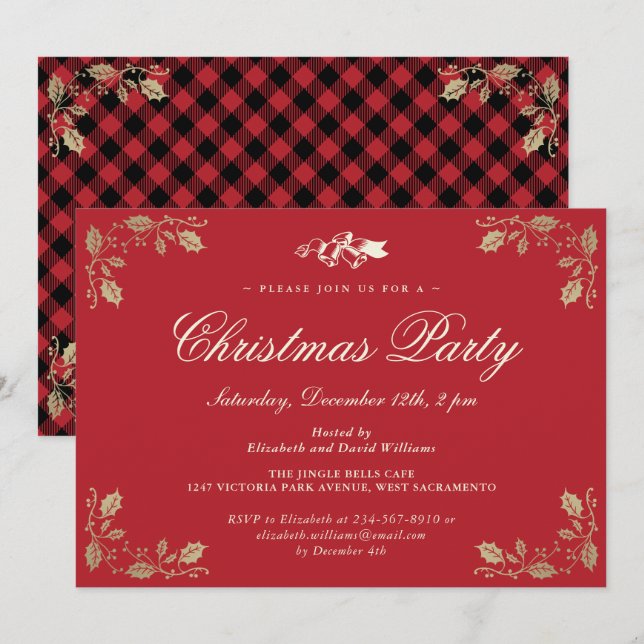 Red Gold Plaid Christmas Holiday Party Invitation (Front/Back)