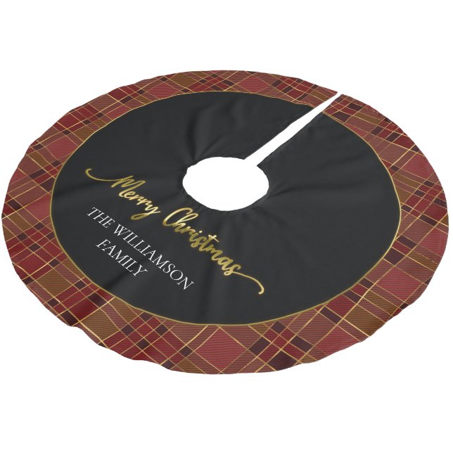 Red Gold Plaid Christmas Tartan Brushed Polyester  Tree Skirt (Angled)