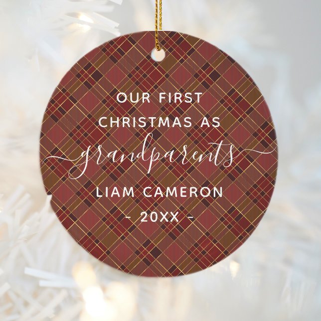 Red Gold Plaid Grandparents 1st Christmas Photo Ceramic Tree Decoration (Creator Uploaded)
